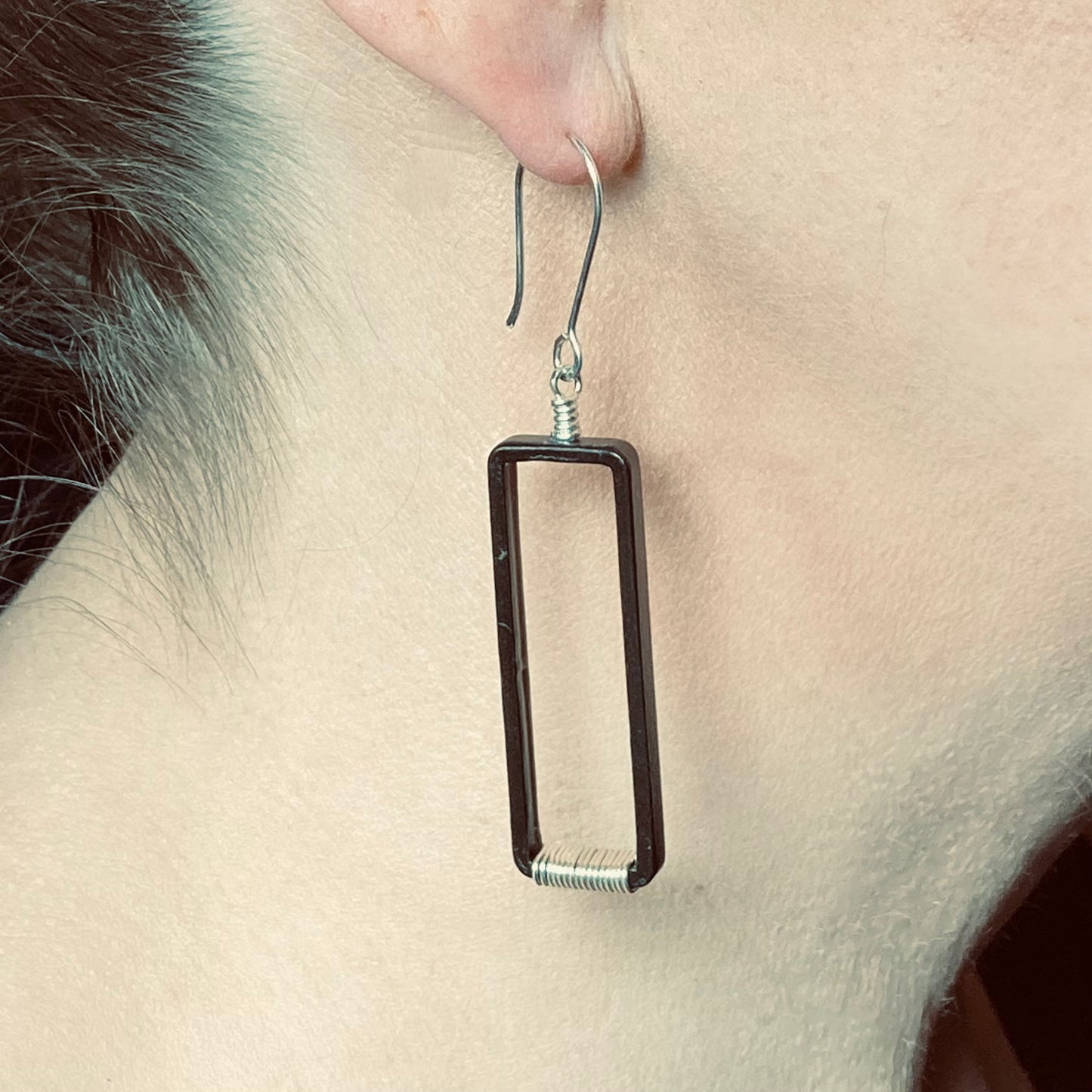 Blackened steel and silver rectangle earring