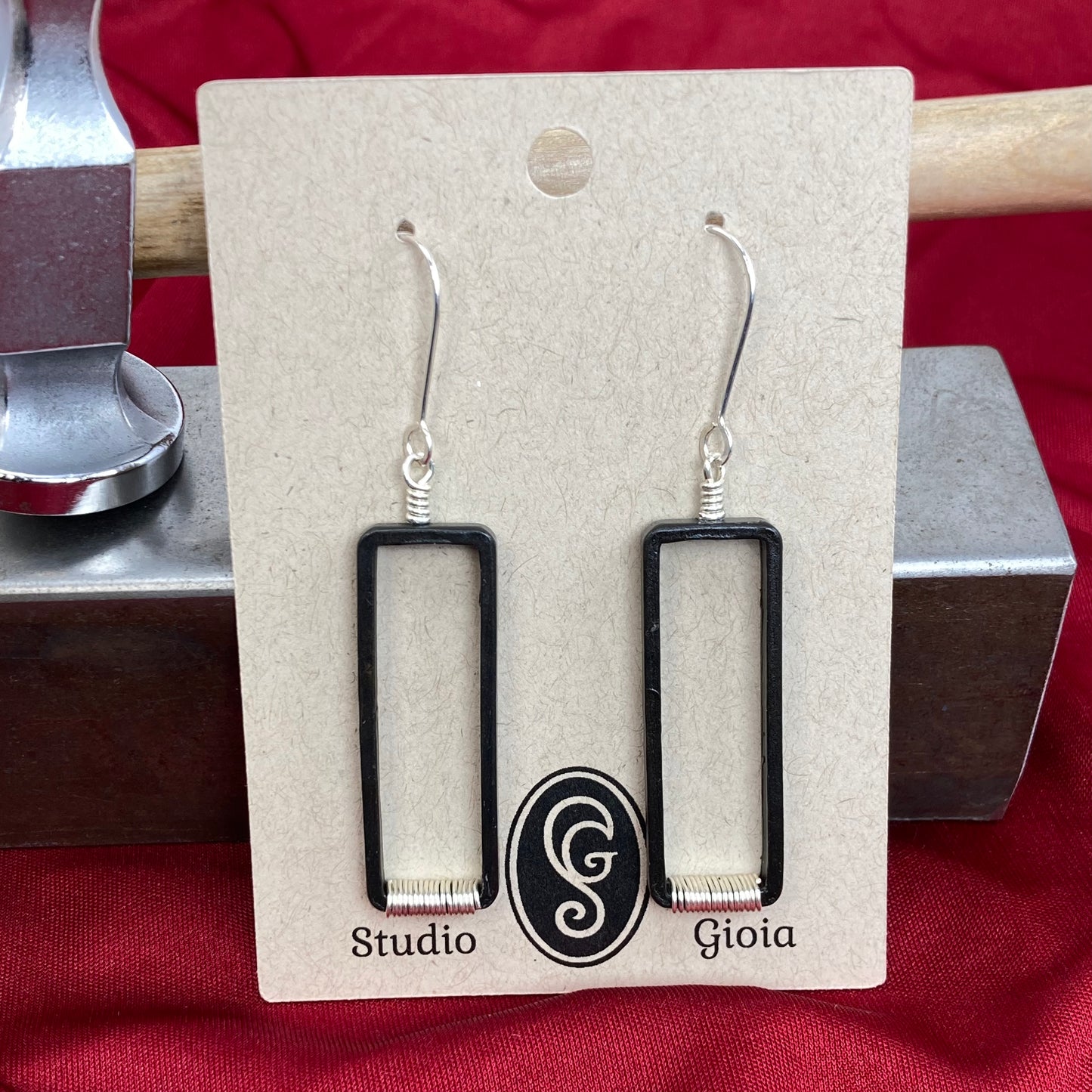 Blackened steel and silver rectangle earring