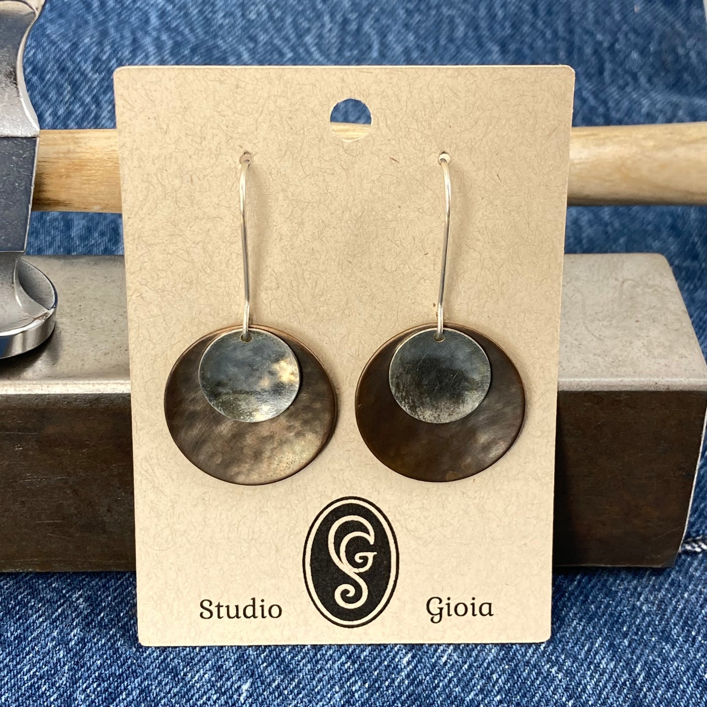 Hand hammered darkened bronze and silver dangle earrings