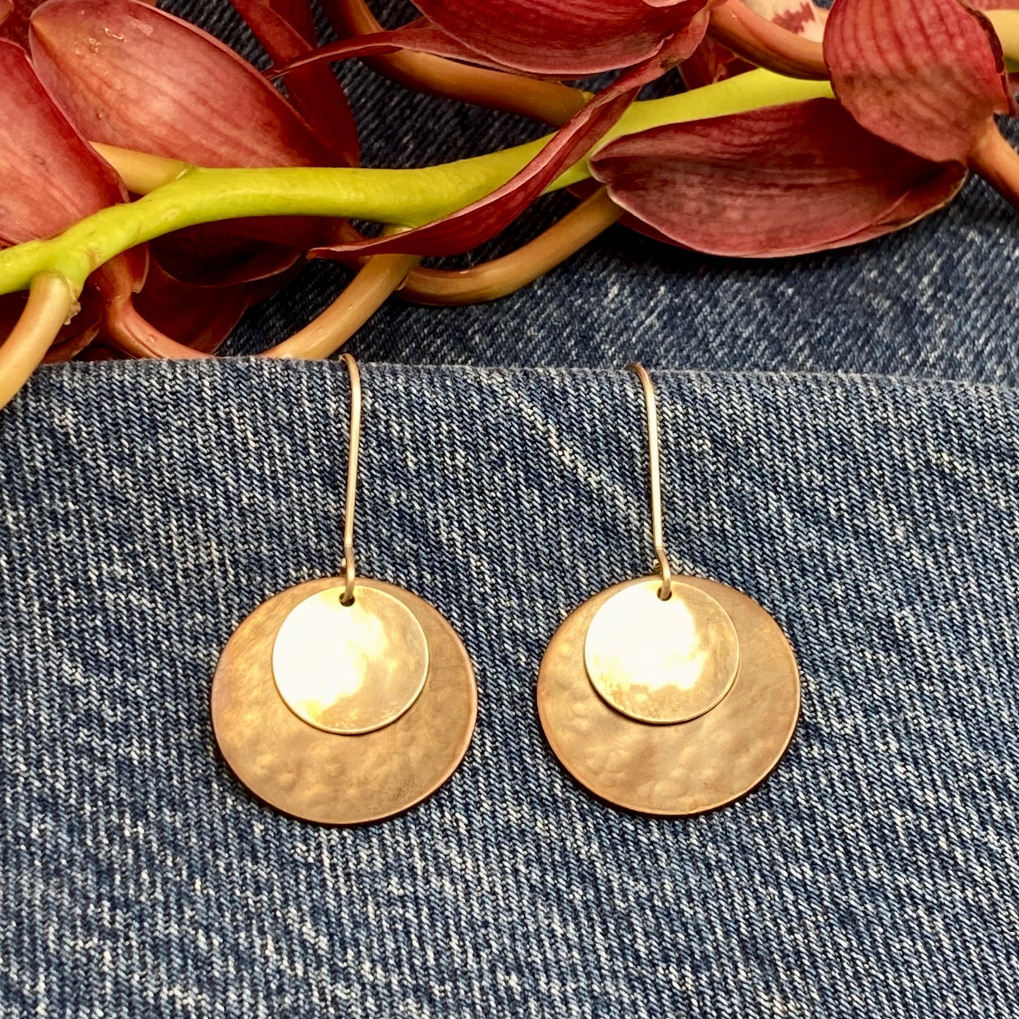 Hand hammered darkened bronze and silver dangle earrings