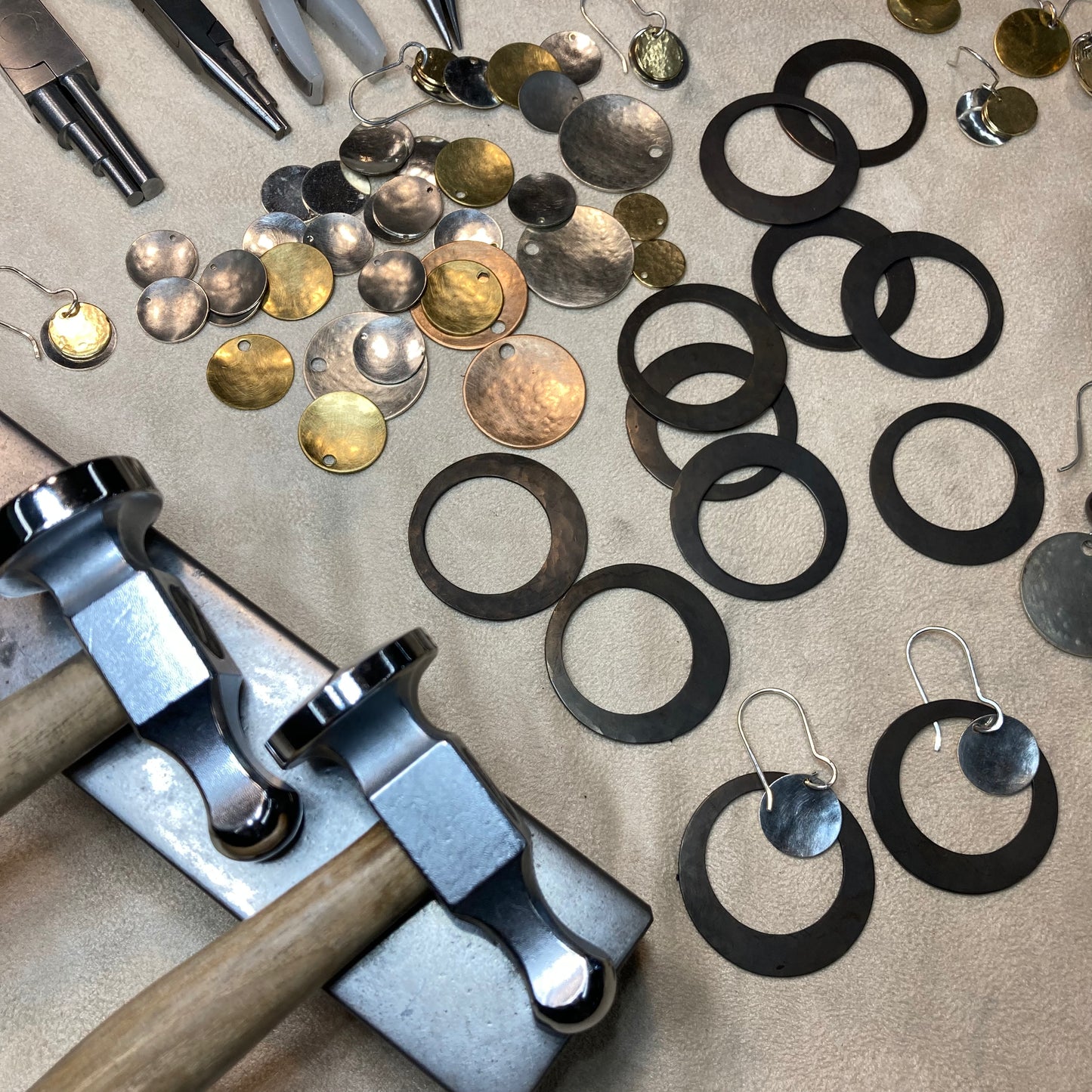 Hand hammered brass and silver hoop & disk dangle earrings