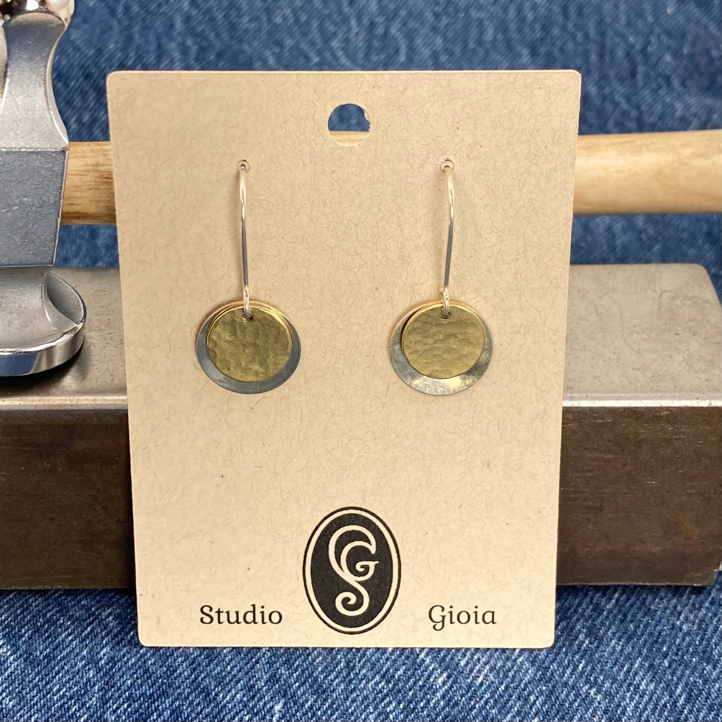 Hand hammered silver and brass dangle earrings