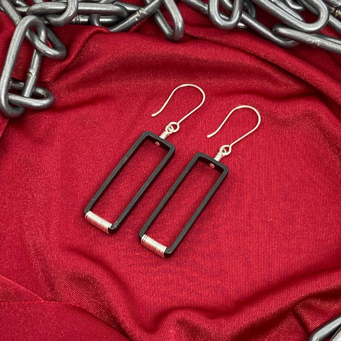 Blackened steel and silver rectangle earring