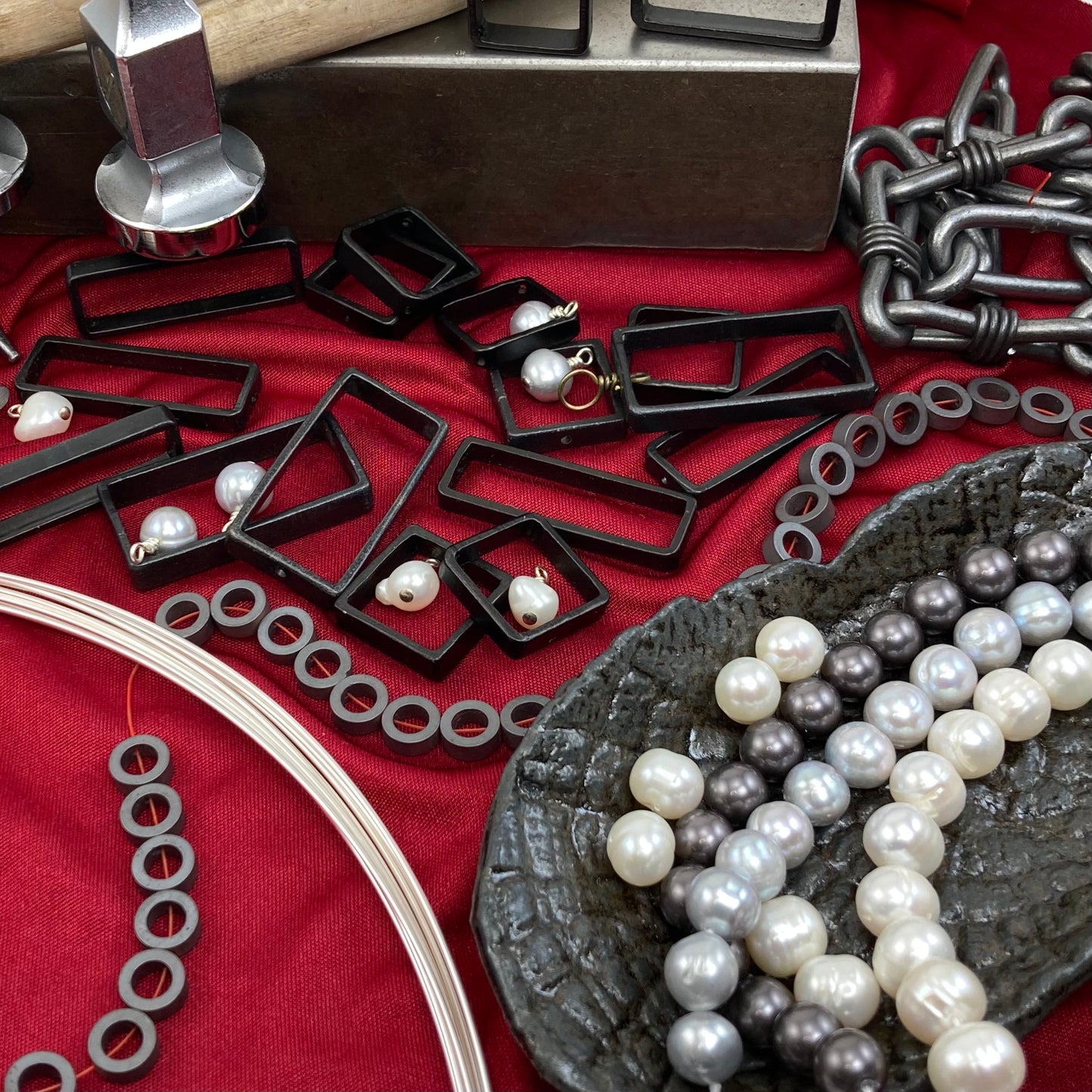 Blackened steel rectangle and pearl pendant