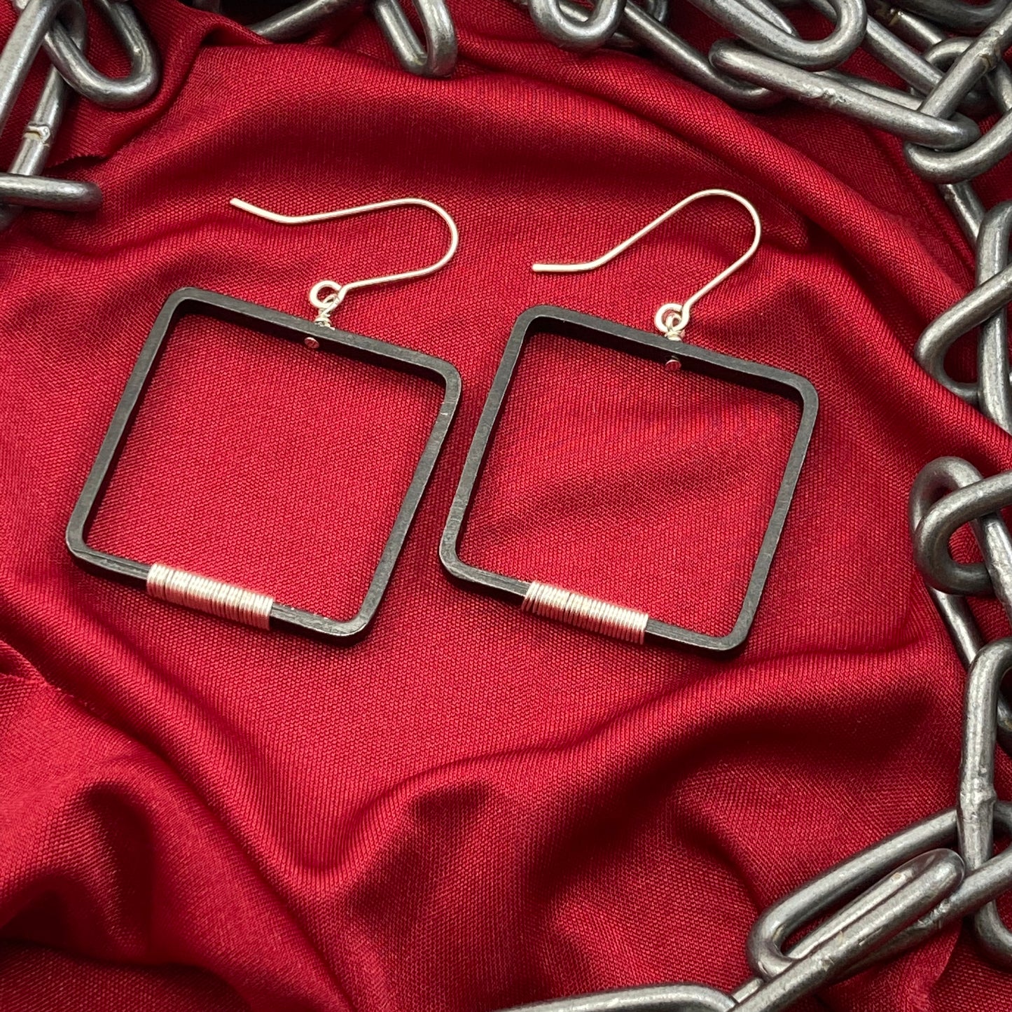 Large blackened steel, silver wrapped square hoop earrings
