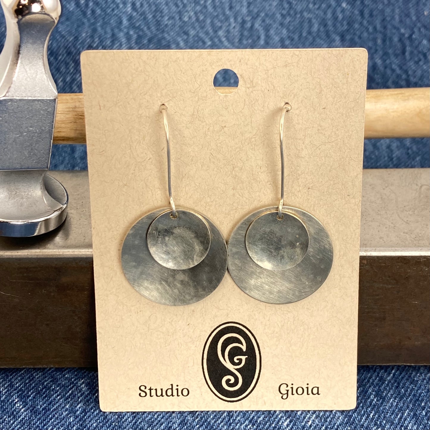 Hand hammered silver on silver disk dangle earrings