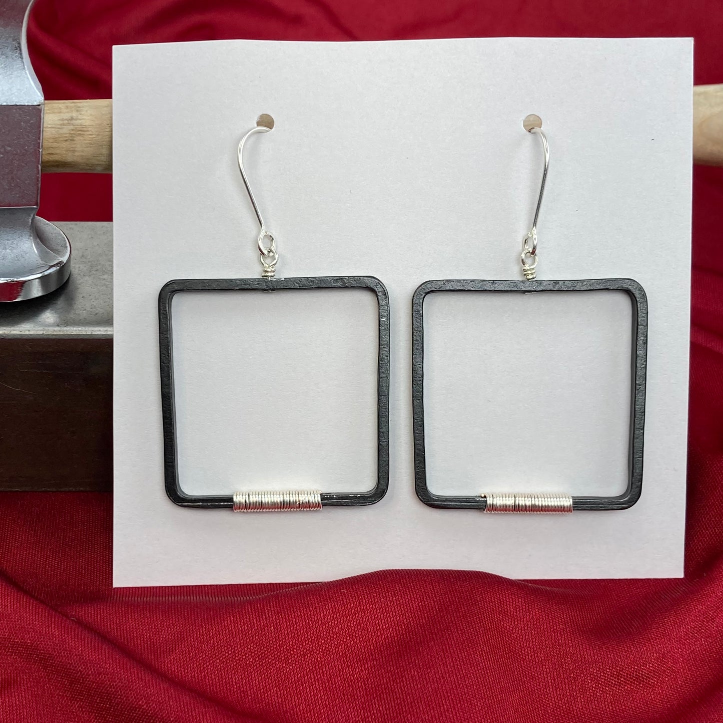 Large blackened steel, silver wrapped square hoop earrings