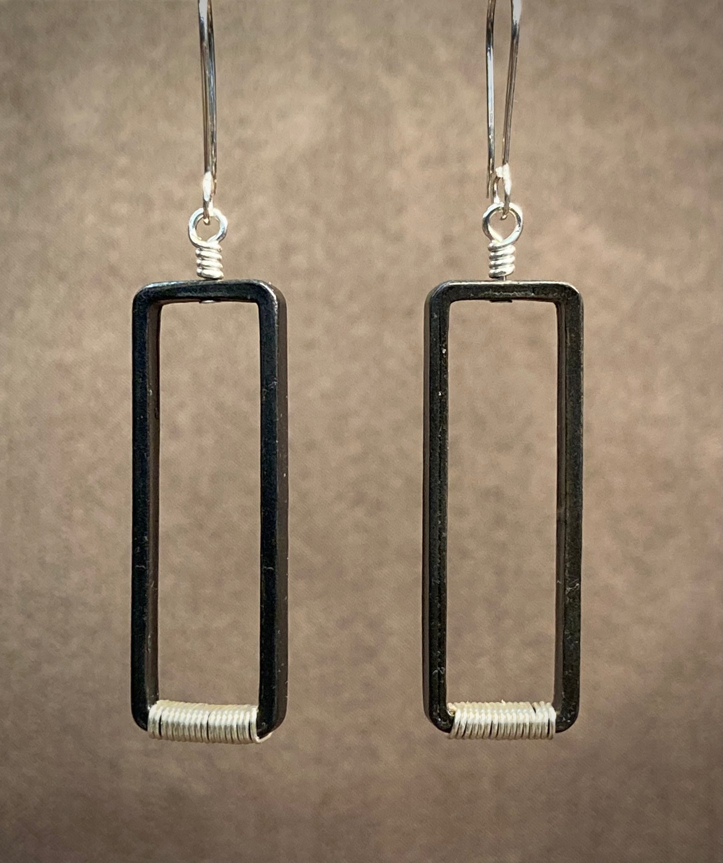 Blackened steel and silver rectangle earring