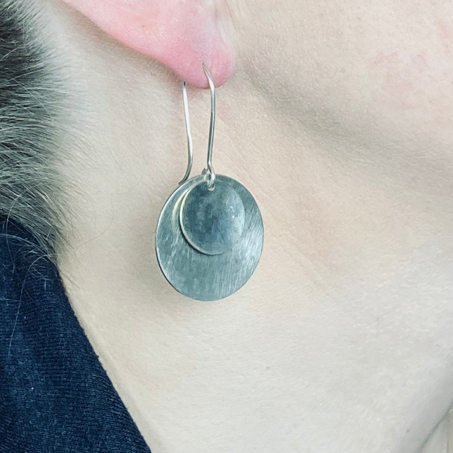 Hand hammered silver on silver disk dangle earrings