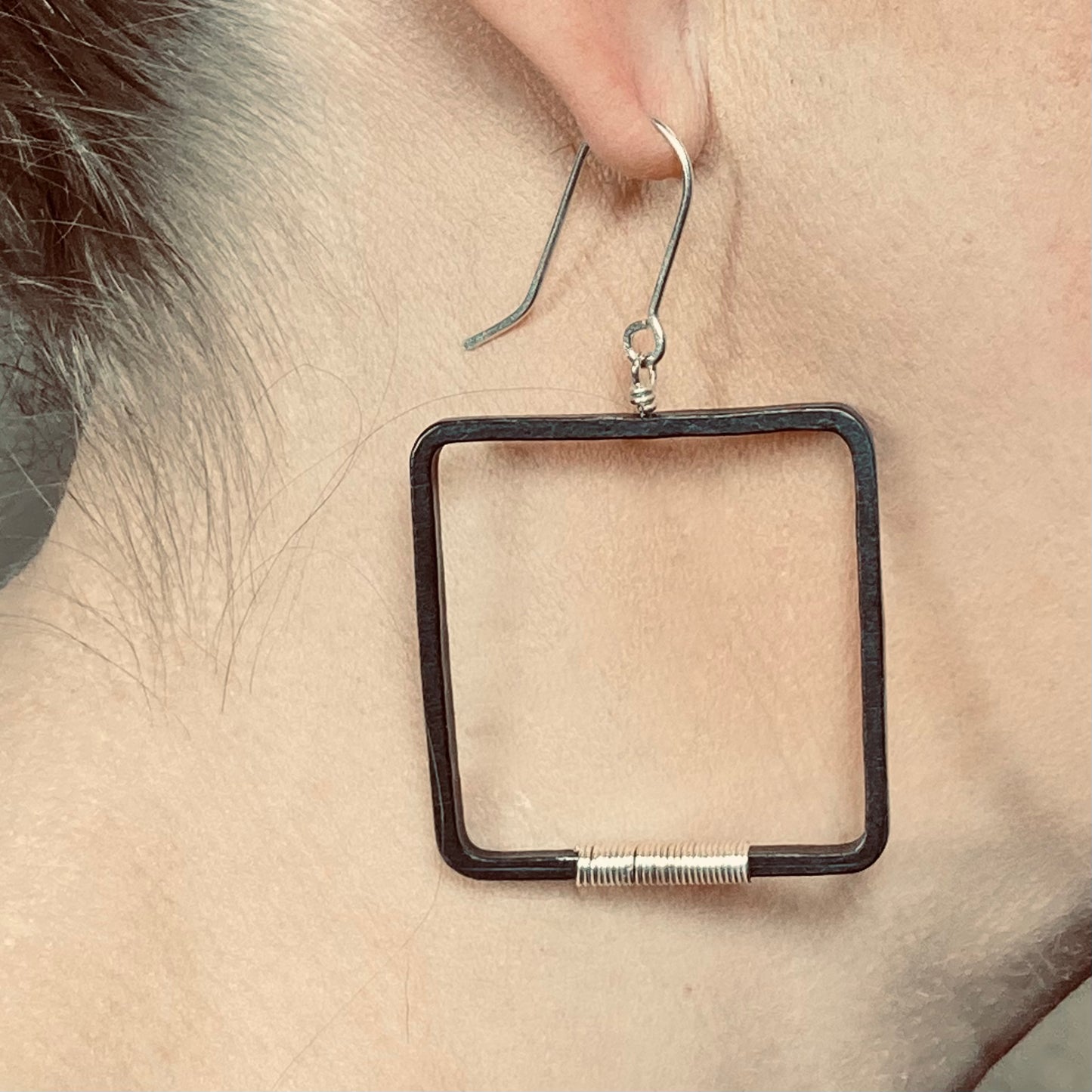 Large blackened steel, silver wrapped square hoop earrings