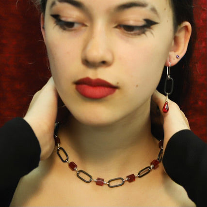 Ruby Red Czech glass and steel chain necklace