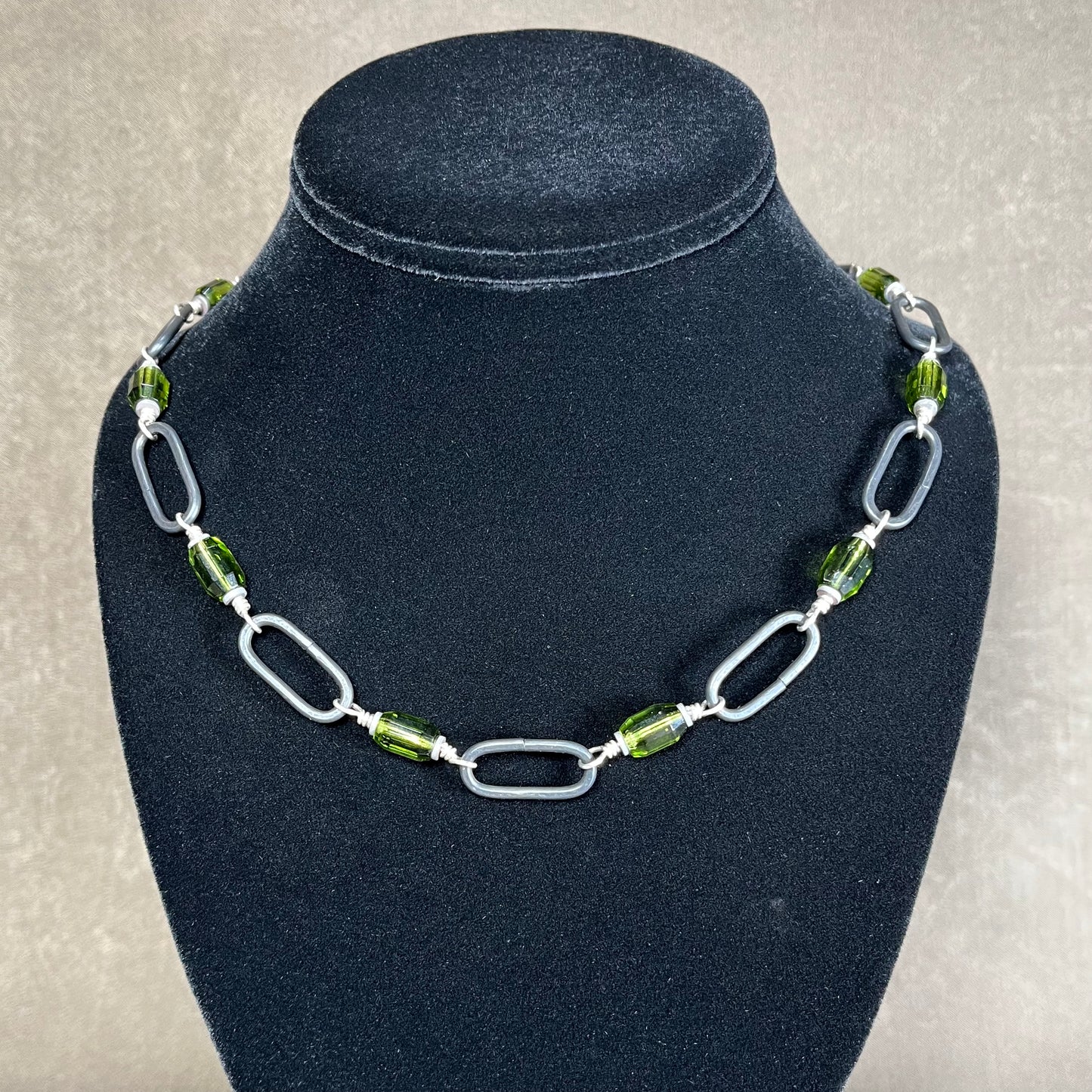 Olive Green Czech glass and steel chain link necklace