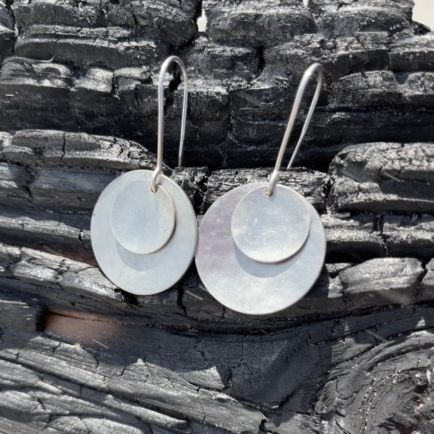 Hand hammered silver on silver disk dangle earrings