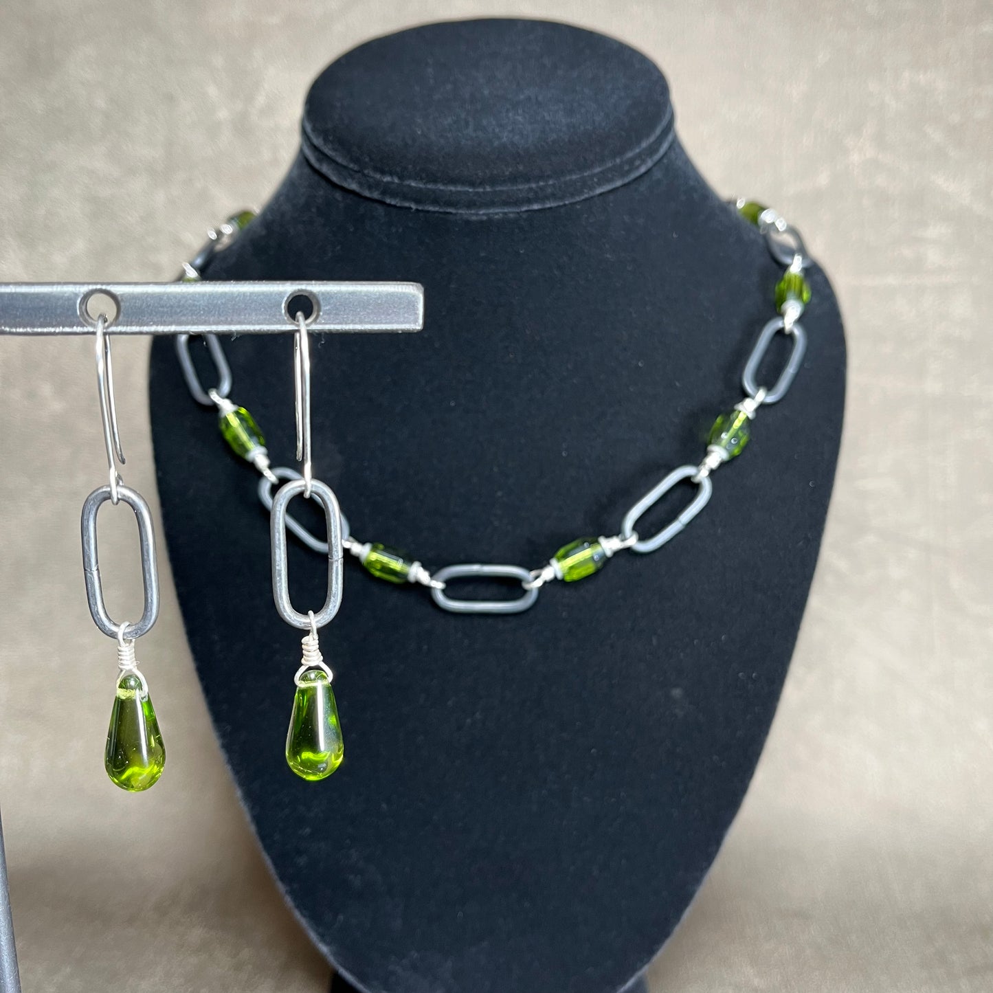 Olive Green Czech glass drop earrings