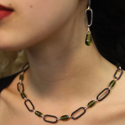 Olive Green Czech glass and steel chain link necklace