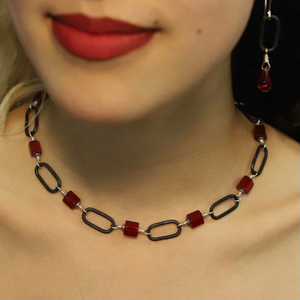 Ruby Red Czech glass and steel chain necklace