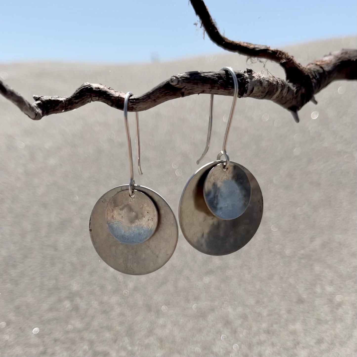 Hand hammered silver on silver disk dangle earrings