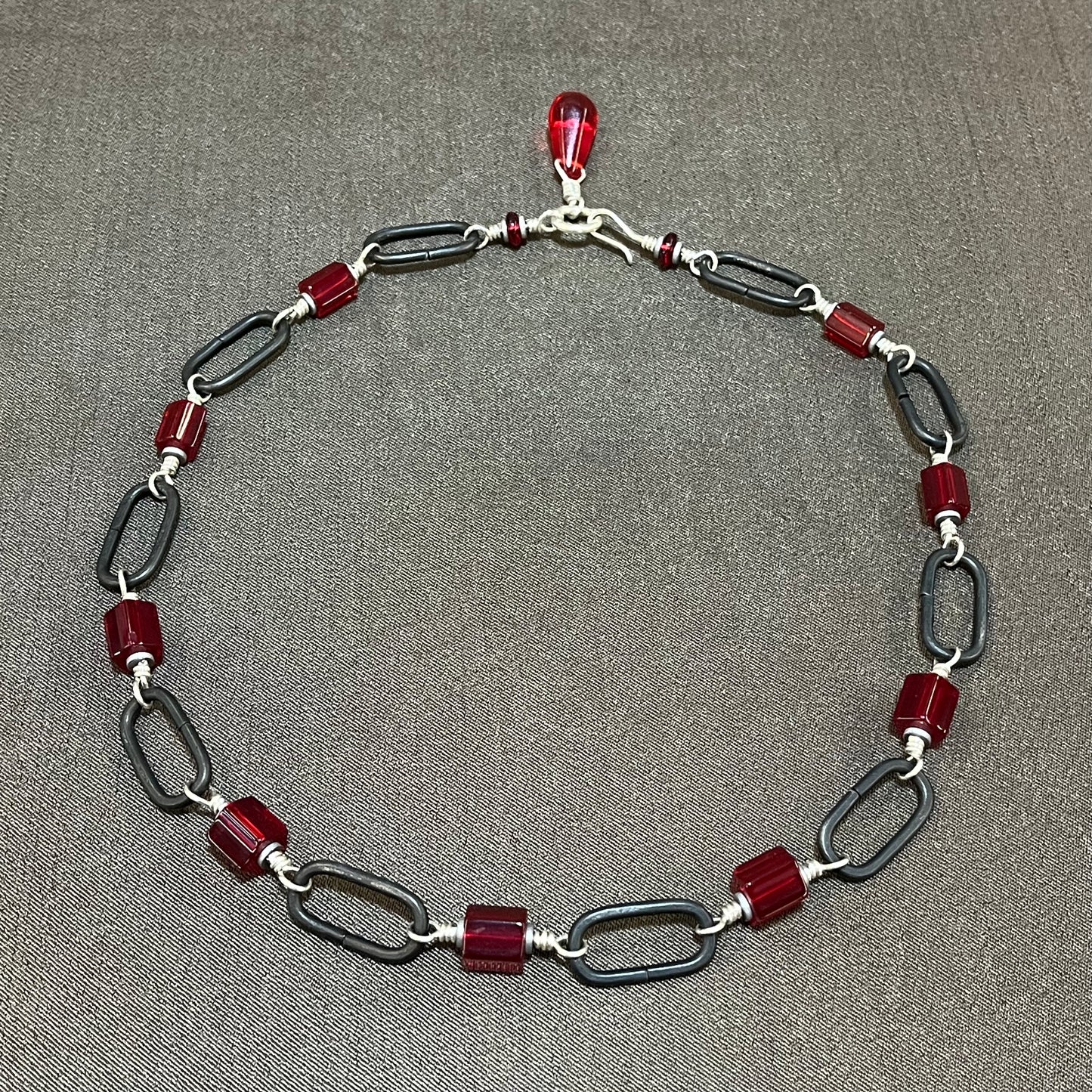 Ruby Red Czech glass and steel chain necklace