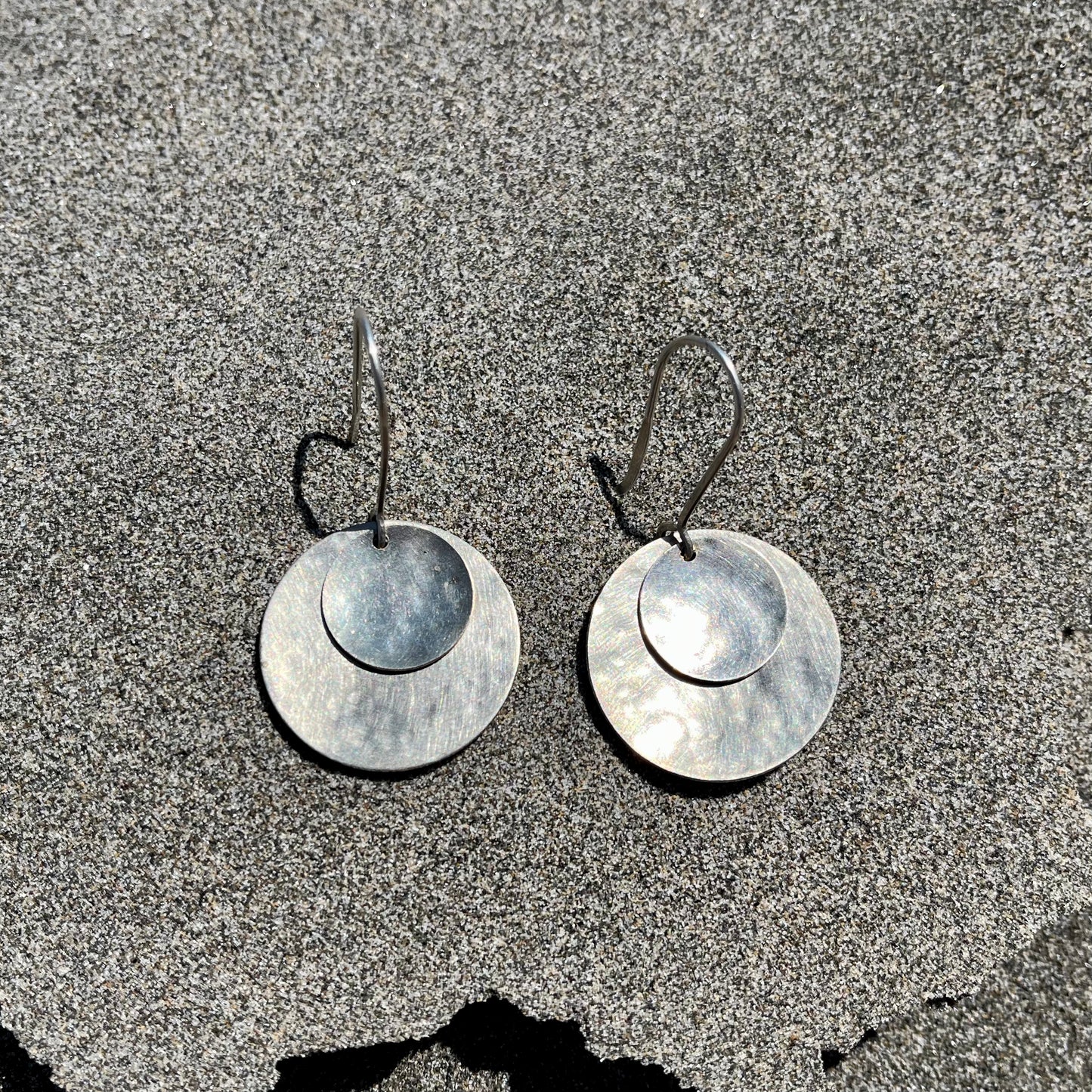 Hand hammered silver on silver disk dangle earrings