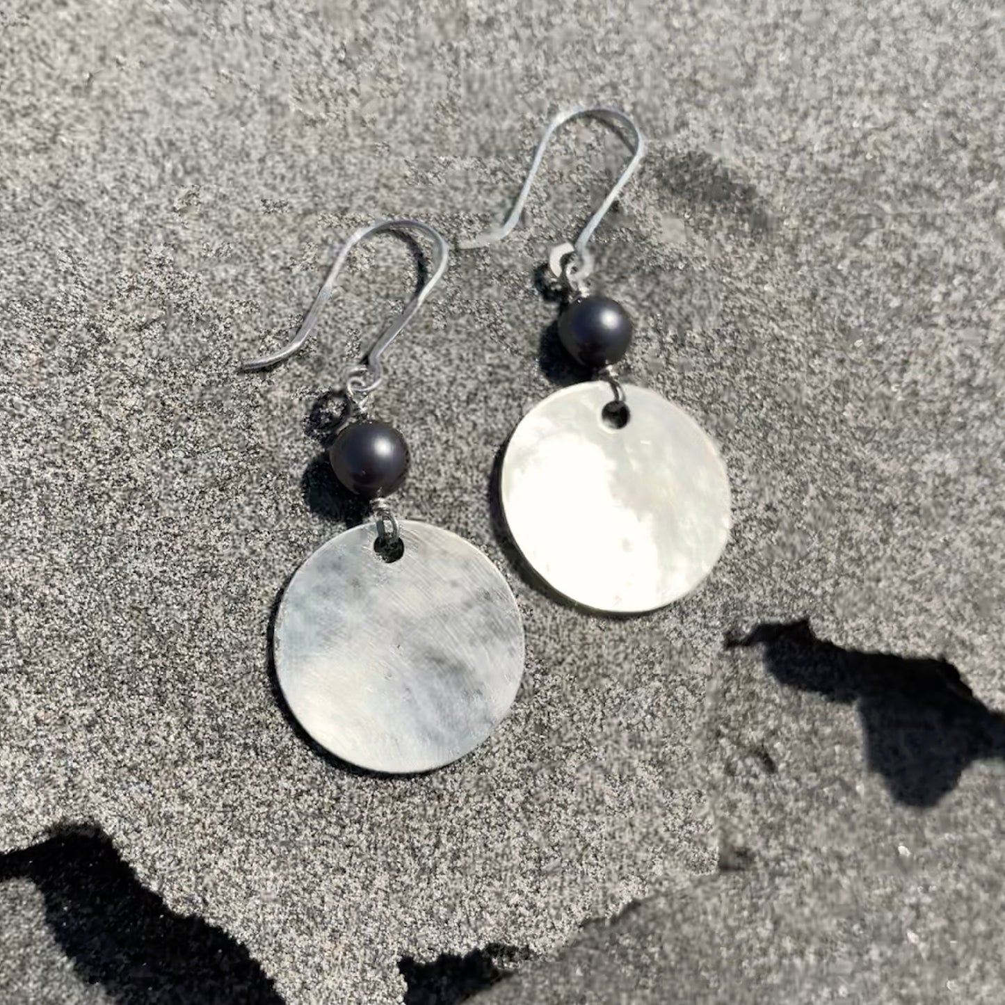 Silver and dark pearl dangle earrings