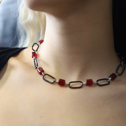 Ruby Red Czech glass and steel chain necklace