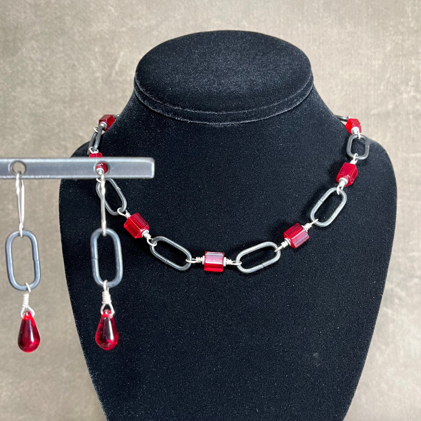 Ruby Red Czech glass and steel chain necklace