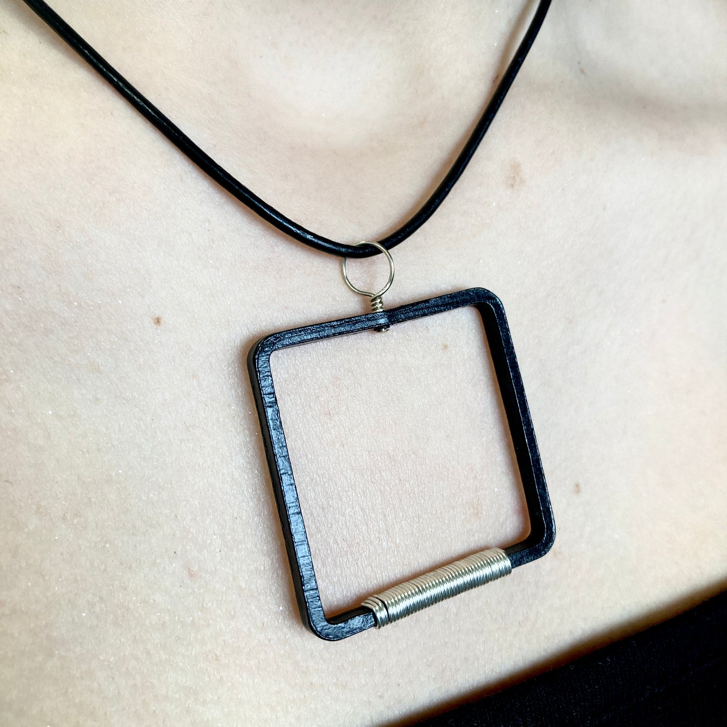 Blackened steel square pendant, silver wrapped