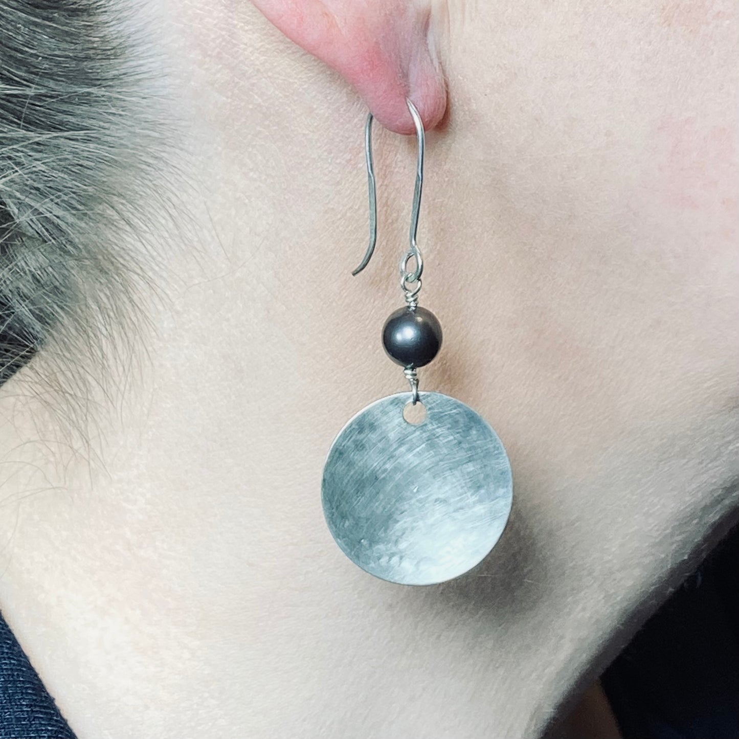 Silver and dark pearl dangle earrings