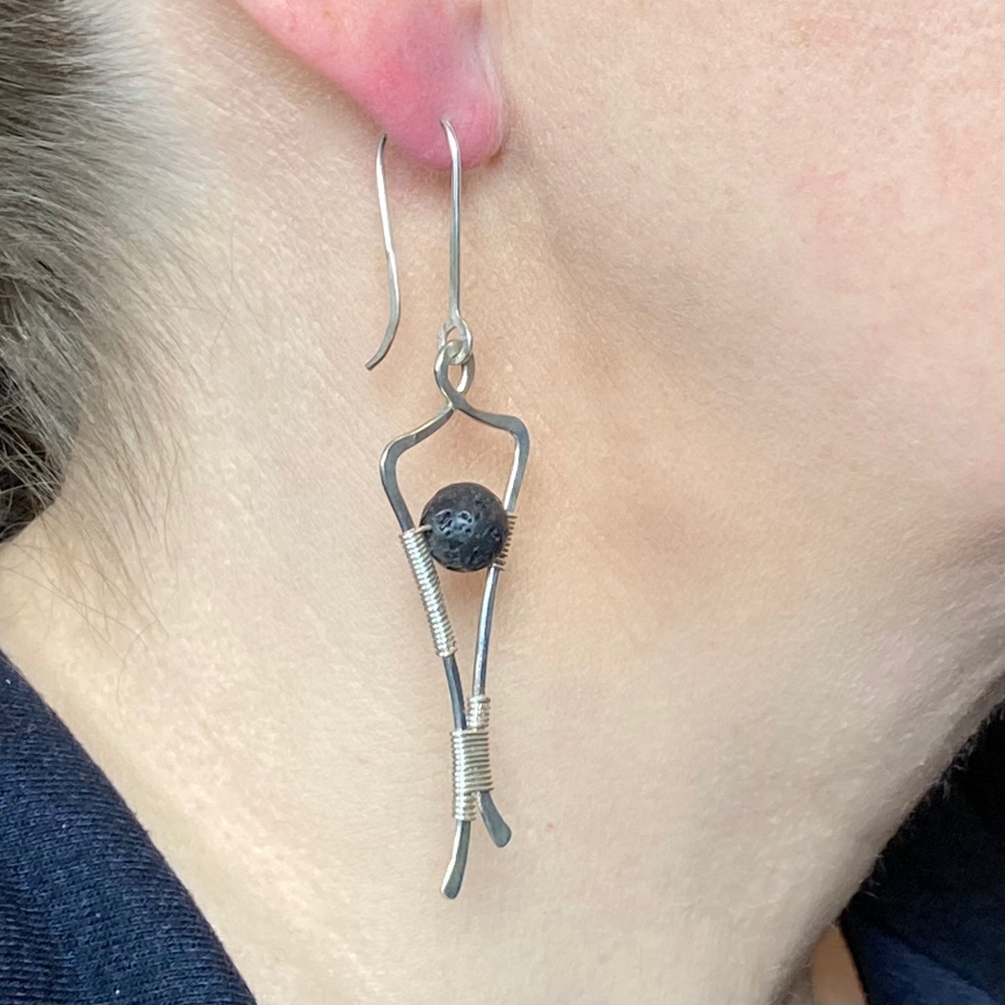 Hand formed and wrapped sterling silver and lava earrings