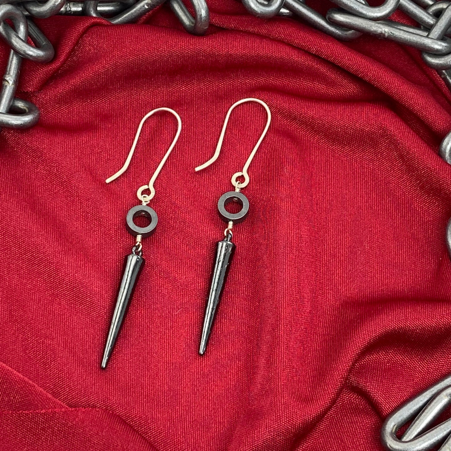 Hematite and steel spike earrings