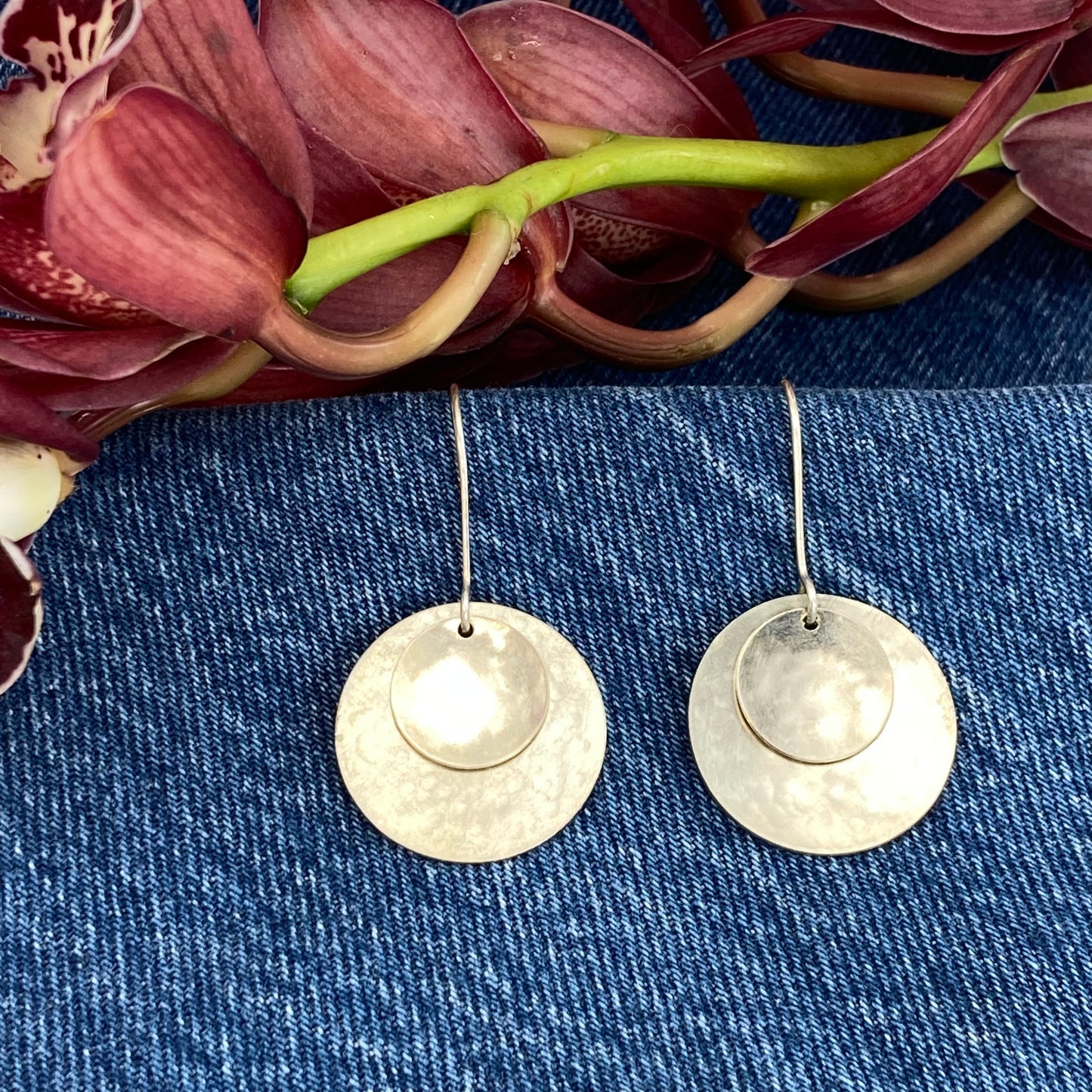 Hand hammered silver on silver disk dangle earrings