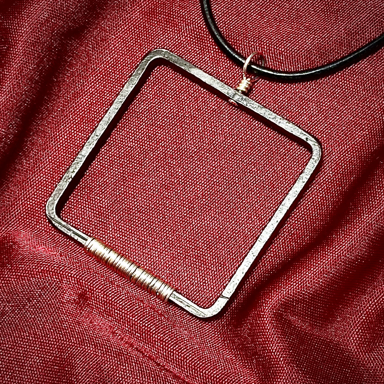 Blackened steel square pendant, silver wrapped
