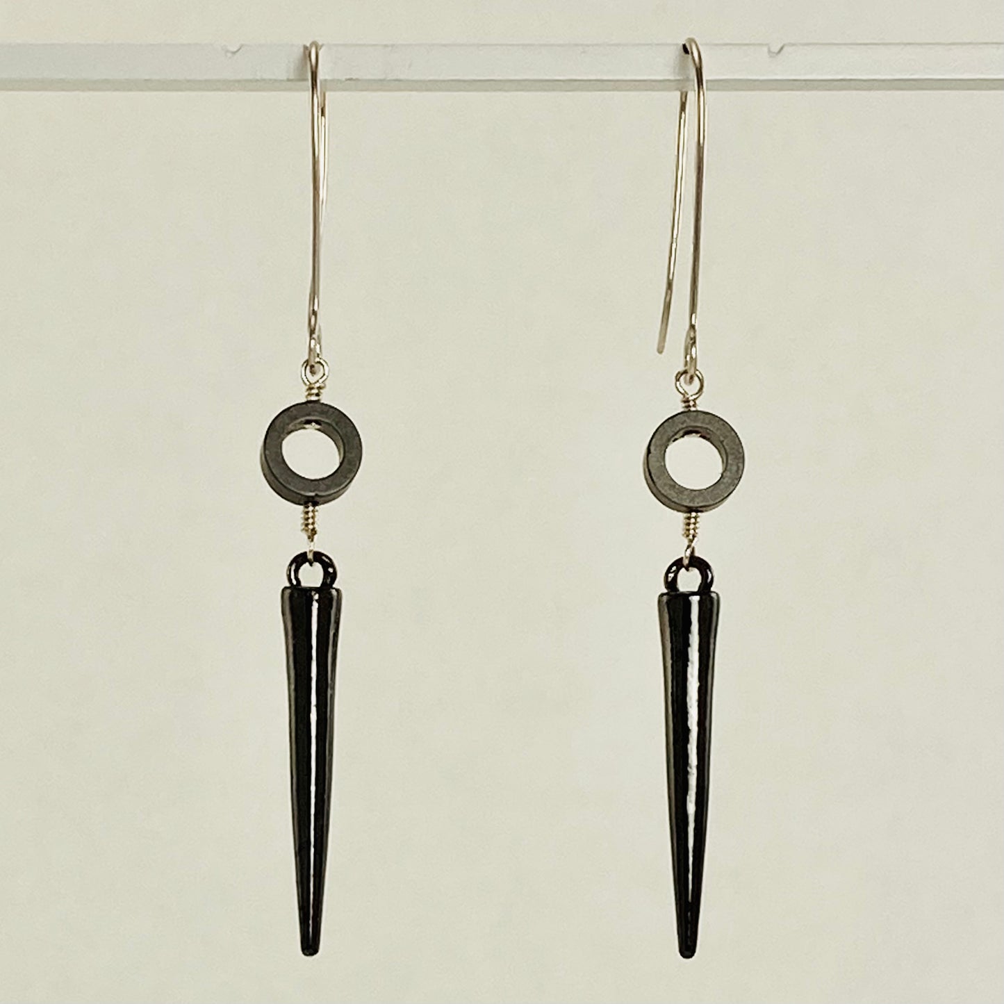 Hematite and steel spike earrings