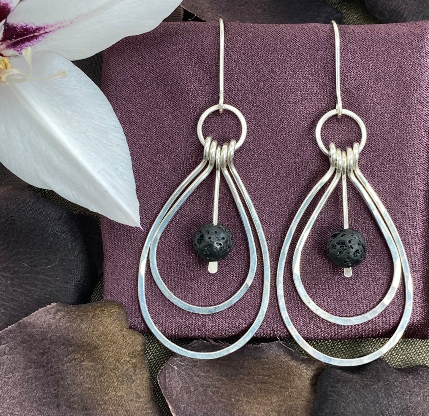 Hand formed Sterling silver and lava loop earrings