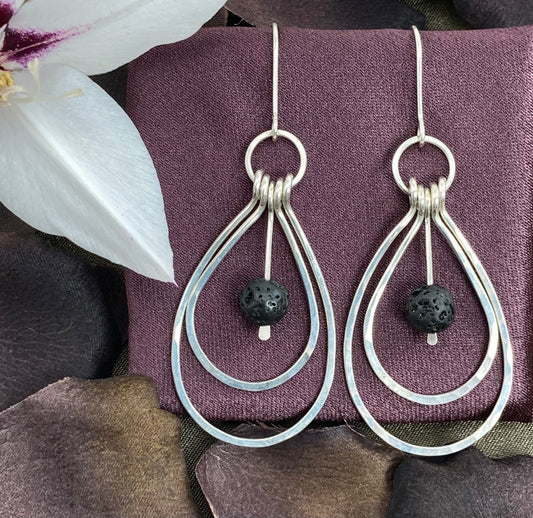 Hand formed Sterling silver and lava loop earrings