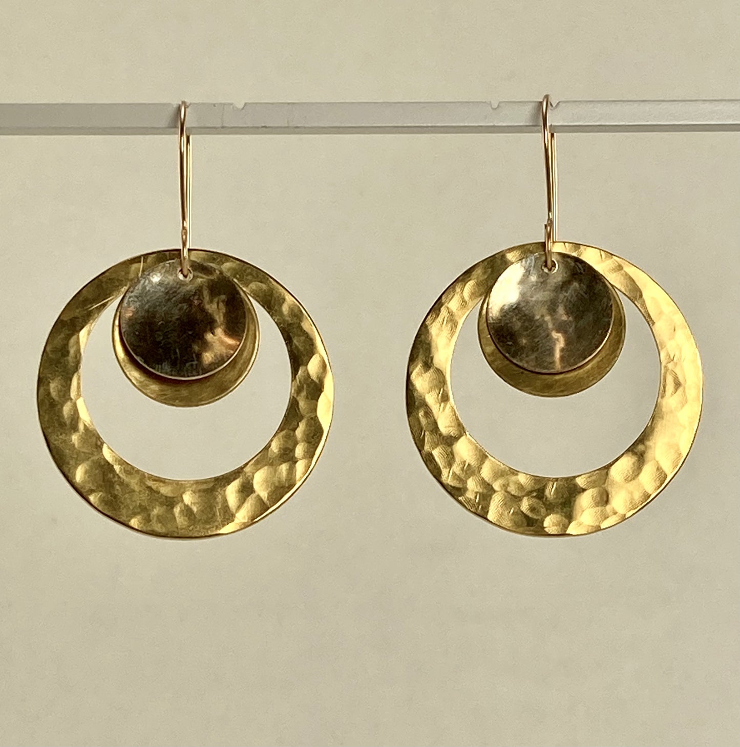 Hand hammered brass and silver hoop & disk dangle earrings