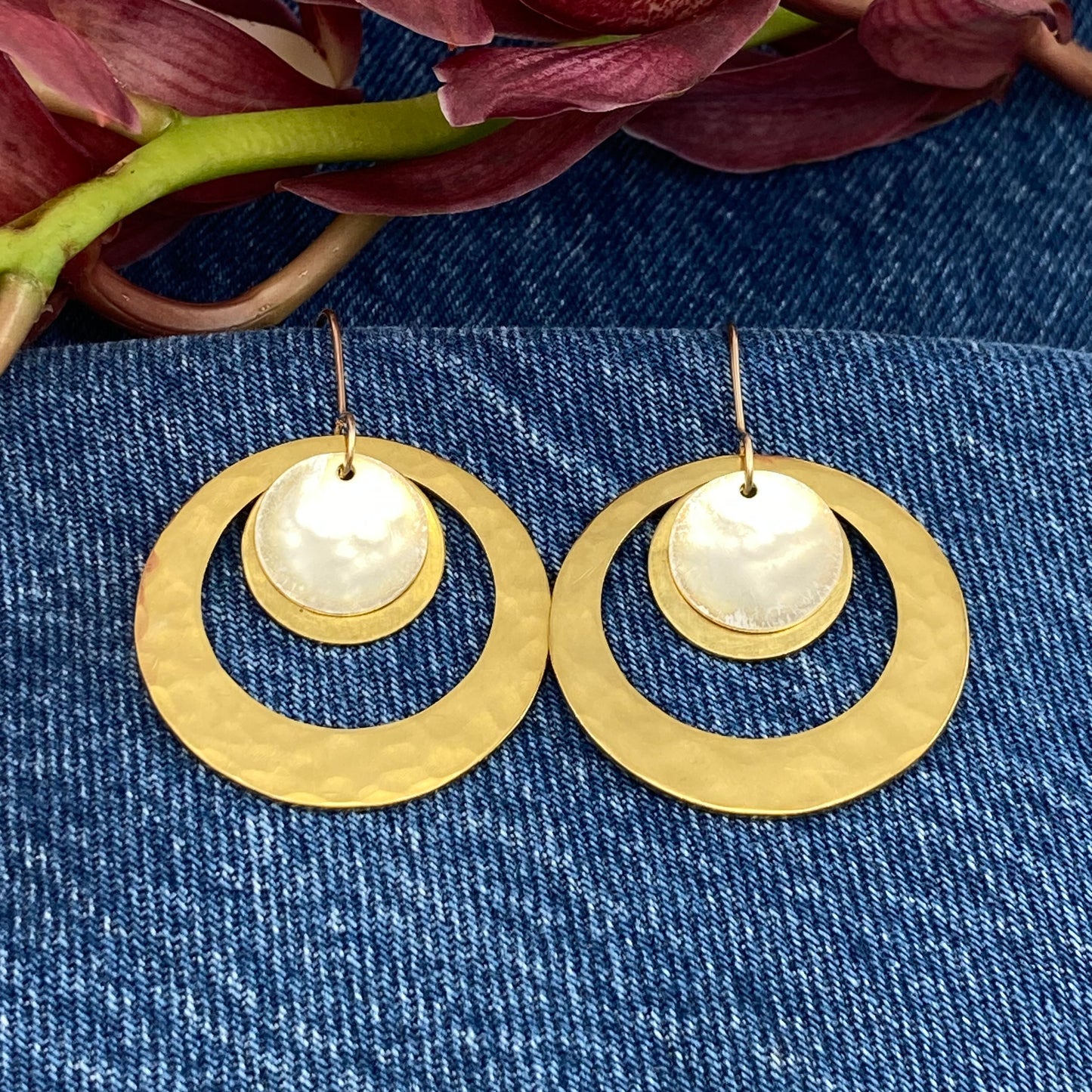 Hand hammered brass and silver hoop & disk dangle earrings