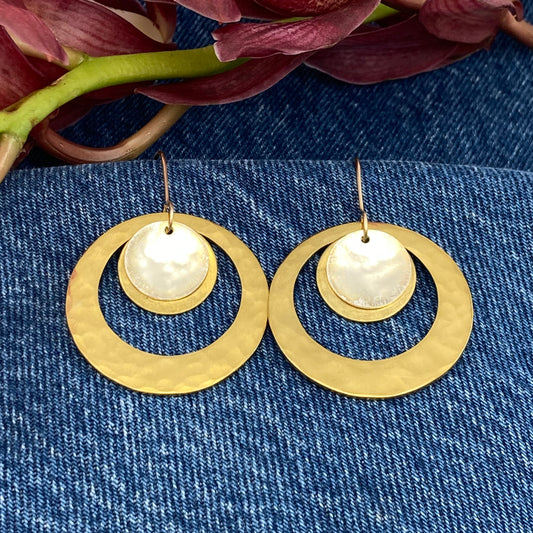 Hand hammered brass and silver hoop & disk dangle earrings