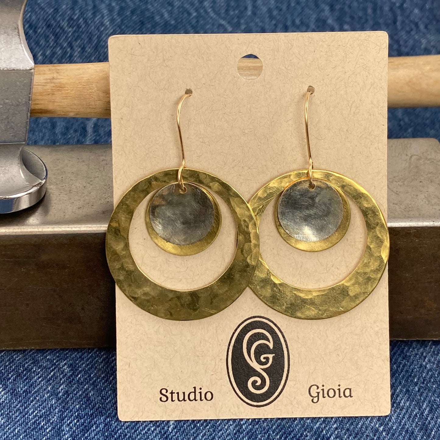 Hand hammered brass and silver hoop & disk dangle earrings