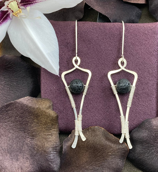 Hand formed and wrapped sterling silver and lava earrings