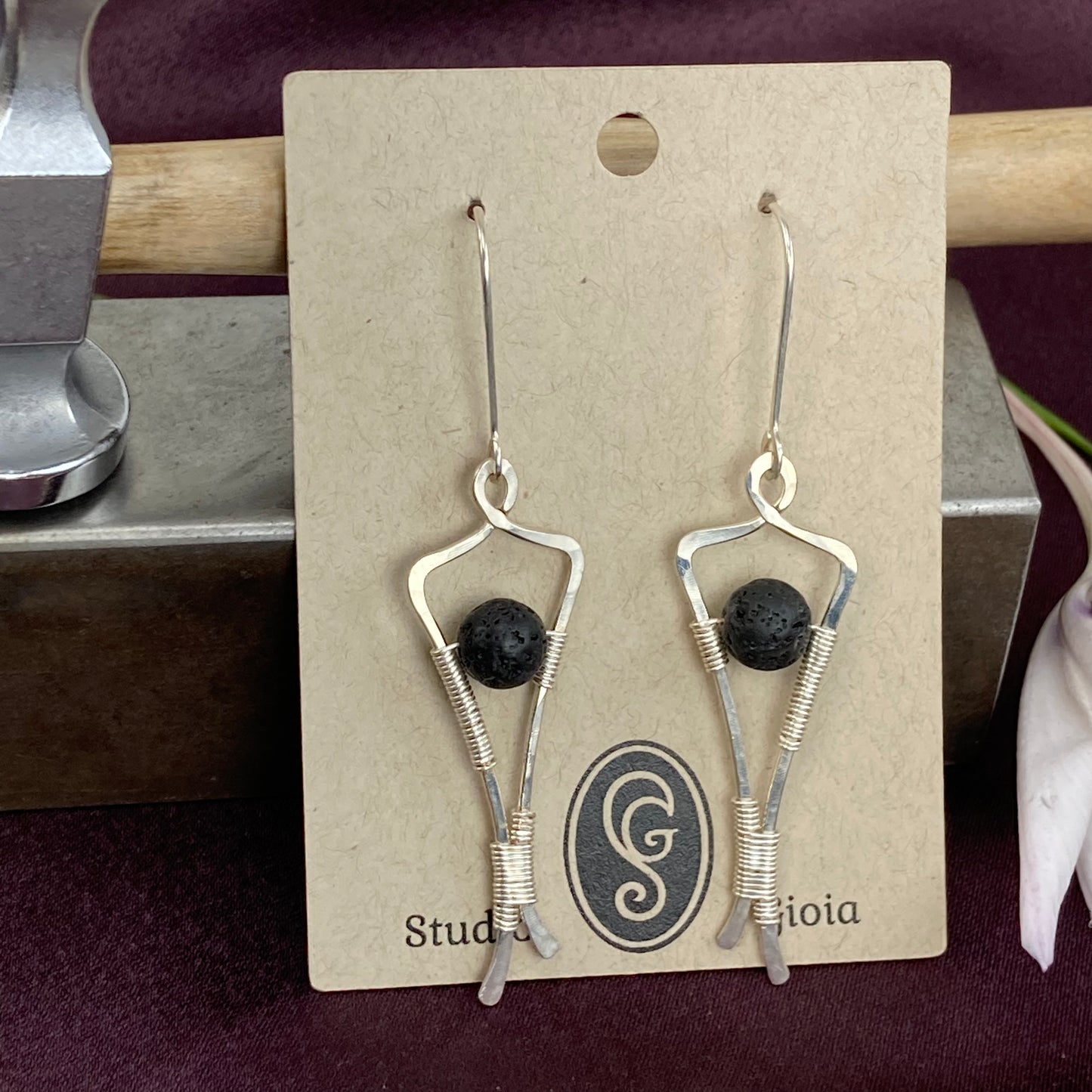 Hand formed and wrapped sterling silver and lava earrings
