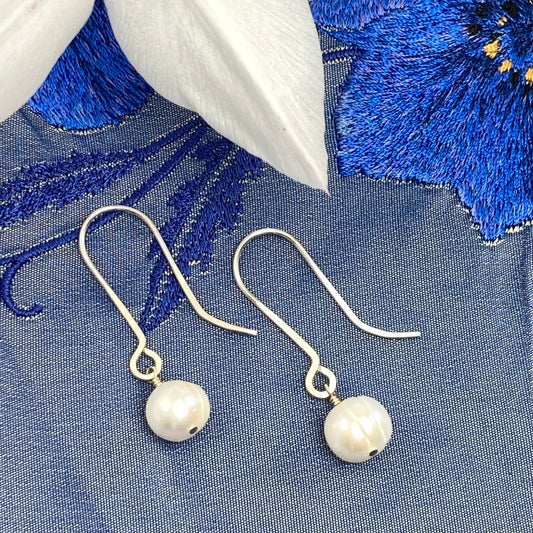 White pearl and sterling silver drop earrings