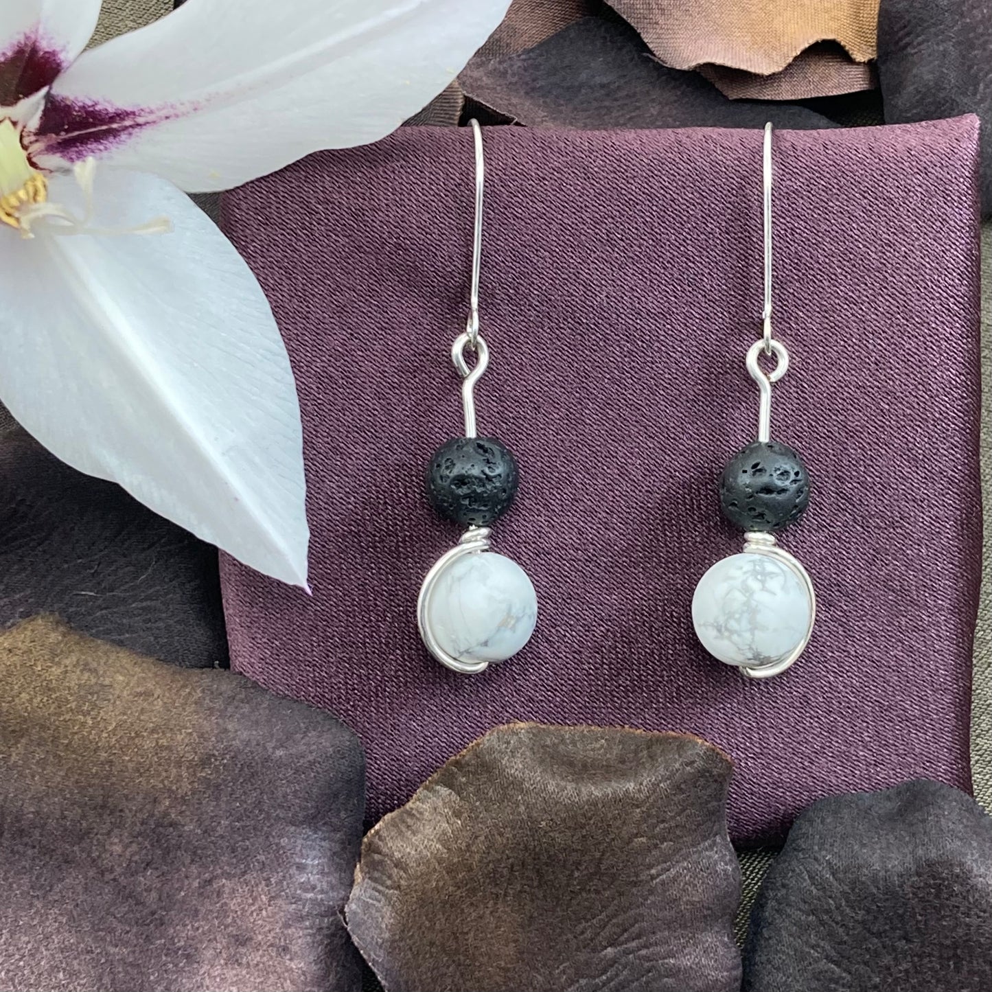 White howlite, lava and silver drop earrings
