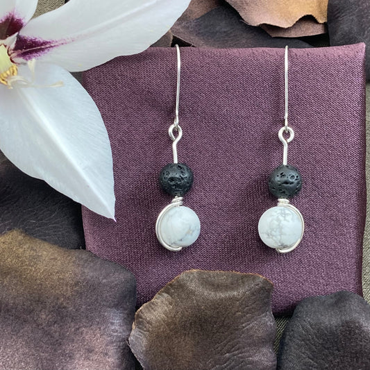 White howlite, lava and silver drop earrings