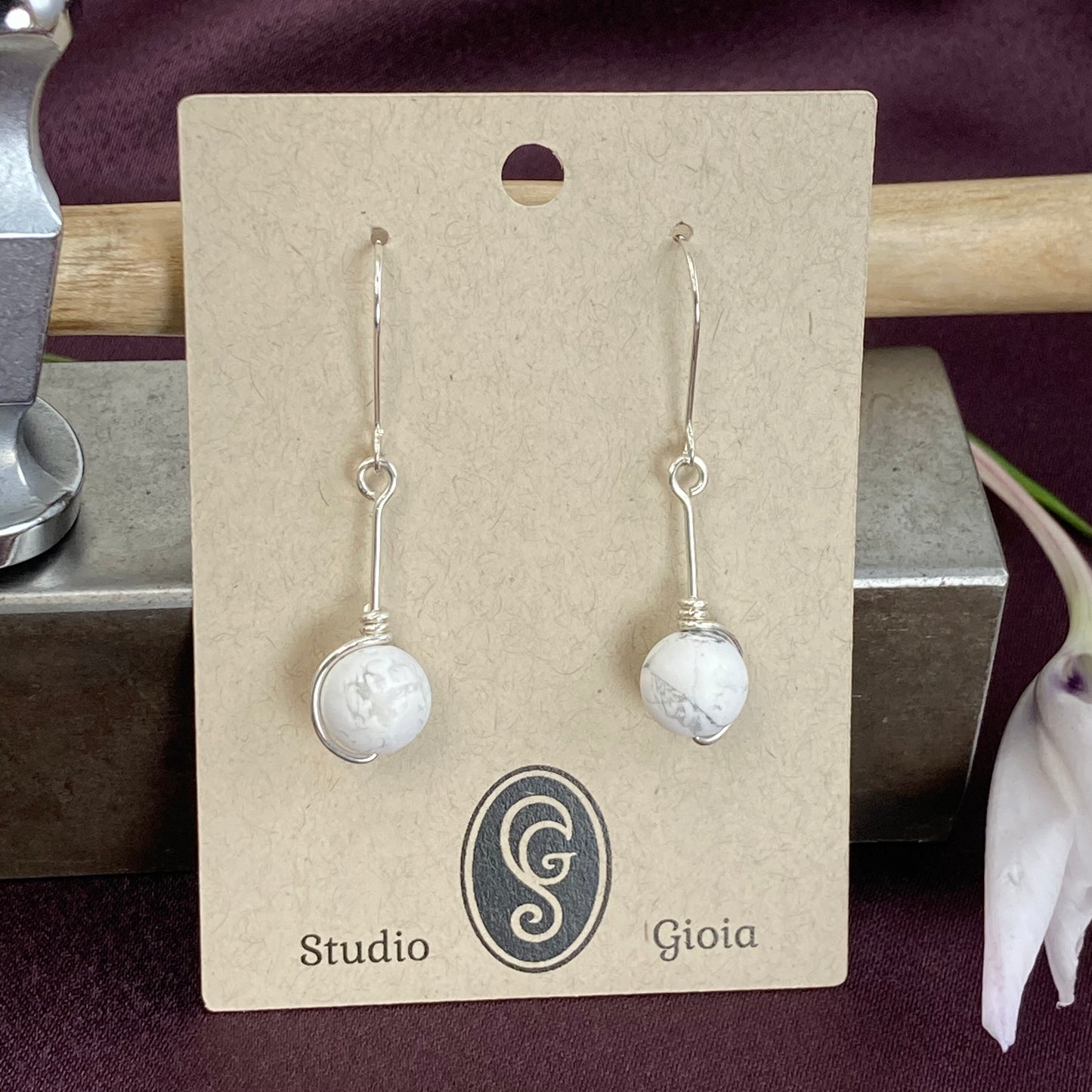 Silver wrapped howlite drop earrings