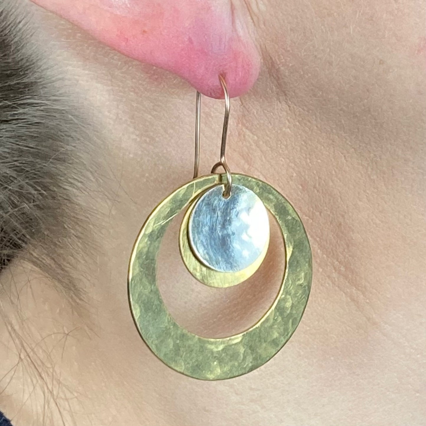 Hand hammered brass and silver hoop & disk dangle earrings