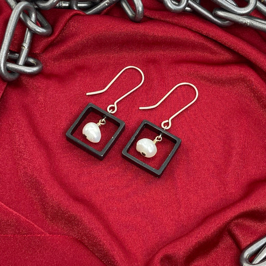 Blackened steel square and pearl earrings