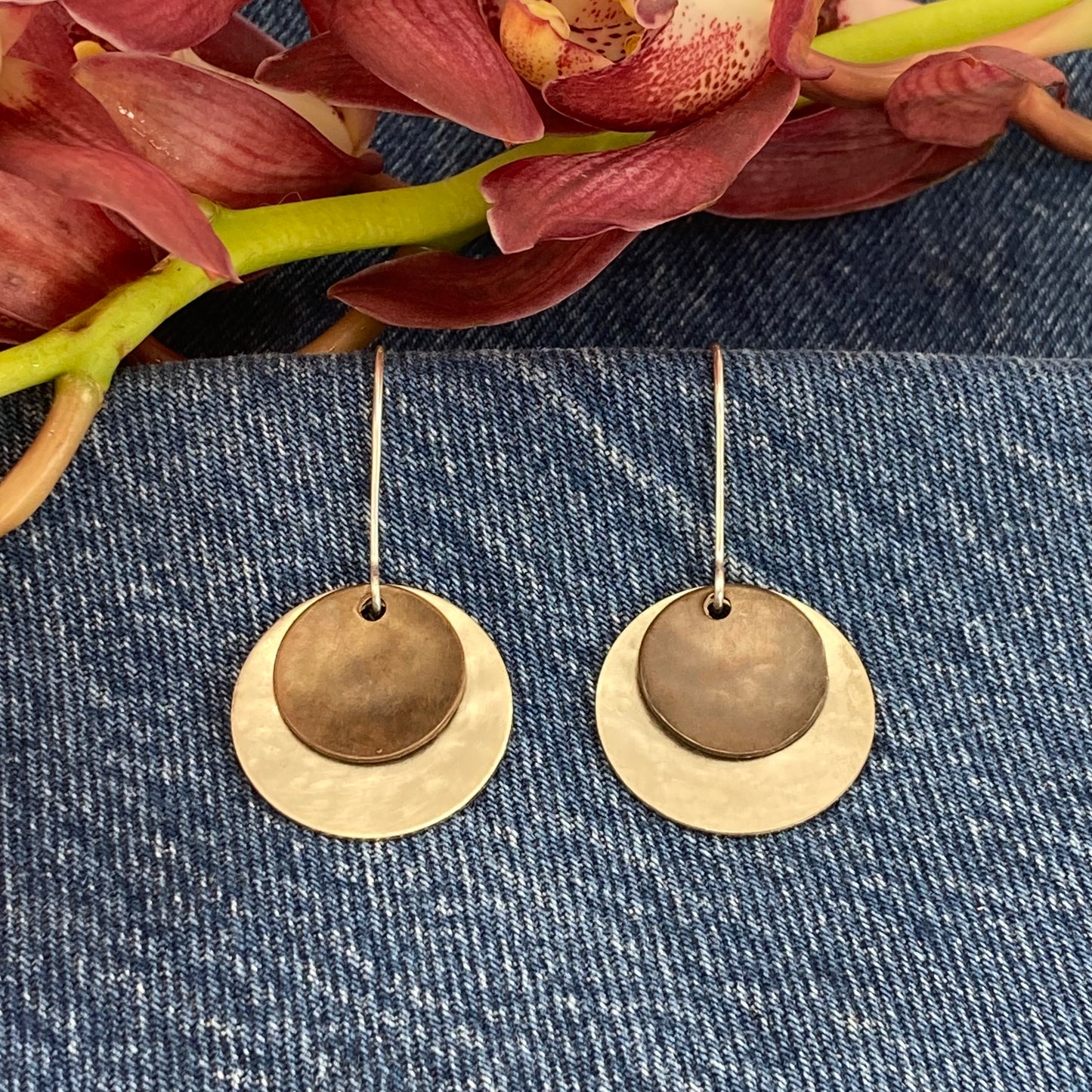 Silver and darkened bronze dangle earrings