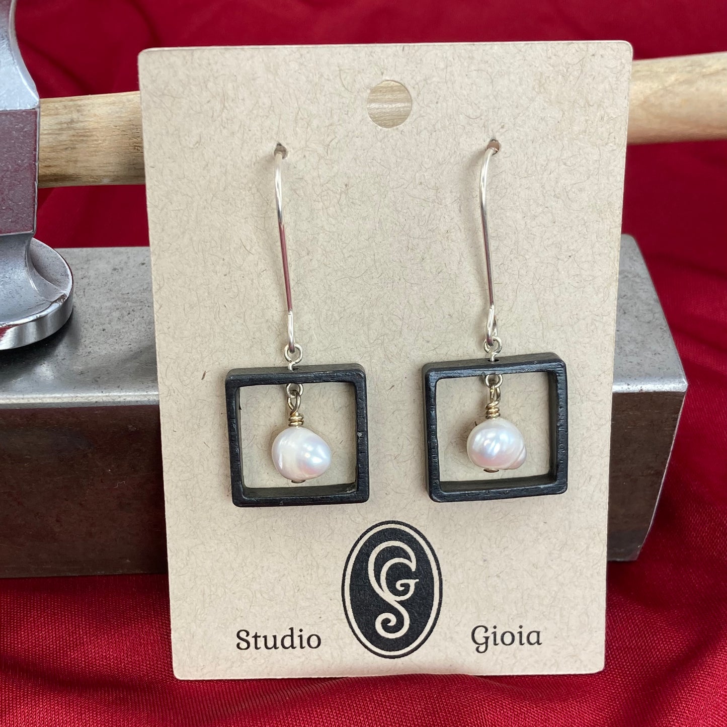 Blackened steel square and pearl earrings