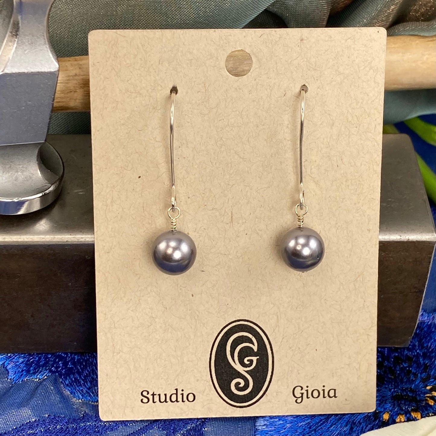 Gray pearl and silver drop earrings